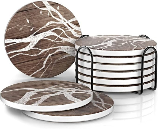 UMIRRO Ceramic Coasters for Wooden Table, Absorbent Drink Coasters with Holder for Tabletop Protection, Rustic Country Farmhouse Coasters w/Brown Wood Texture for Cups & Glasses, Coffee Bar Accessory
