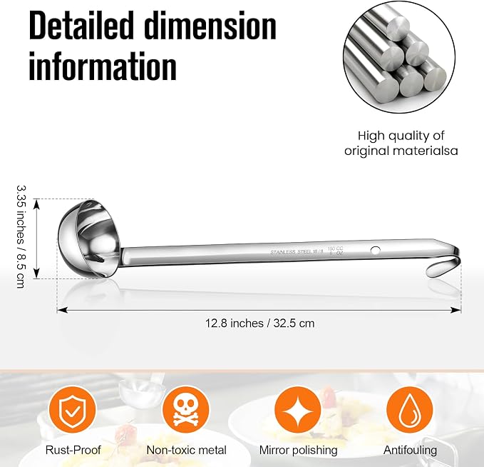 Cunhill 5 Pcs Soup Ladles Stainless Steel Serving Ladles with Long Handle for Serving, Cooking, Stirring, Portioning Kitchen Restaurant Accessories(5 oz)
