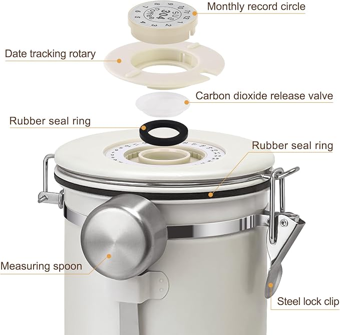 1.2L Airtight Vacuum Coffee Canister, Stainless Steel Storage Container for Coffee Beans and Grounds with Scoop.Suitable for coffee powder, coffee beans, rice, tea leaves, sugar, flour, and grains