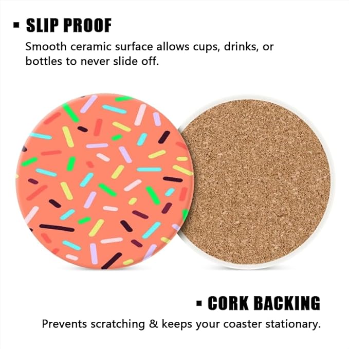 1 Pcs Coffee Cup Coasters for Drinks, Colorful Sprinkles on Pink Background Round Absorbent Non-Slip Ceramic Stone Cork Coasters for Kitchen Living Room Office Decoration Bar (4 * 4 Inch)