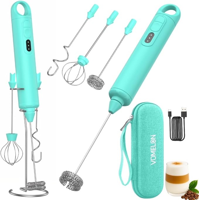 Rechargeable Milk Frother Handheld 3 Speed Coffee Foamer [3 Whisk] Electric Drink Mixer for Latte, Cappuccino, Coffee, Eggs, Hot Chocolate, Mint