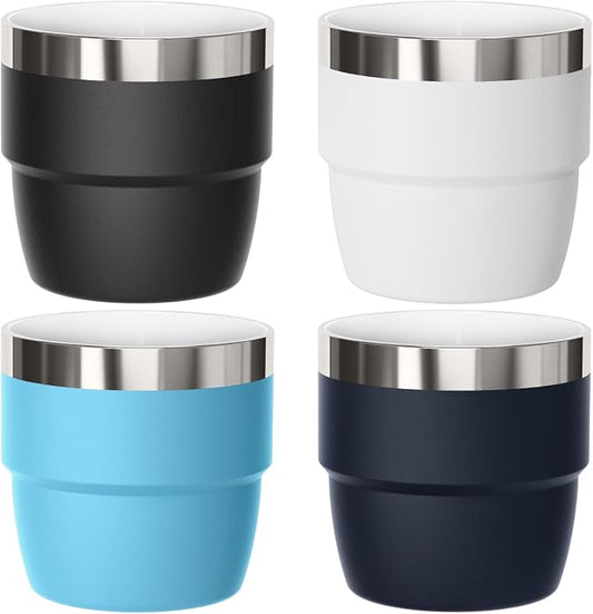 4 oz Small Espresso Cup, Ceramic-Lined 18/8 Stainless Steel, Double-Wall Vacuum Insulated, Stackable, Dishwasher Safe, Fits Most Espresso Machines, 4 Pack, Black/White/Navy/Blue