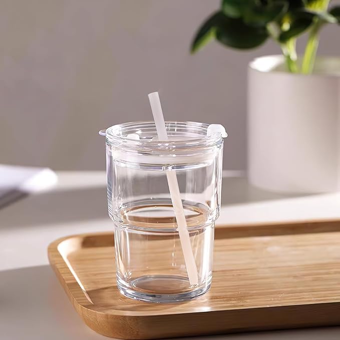 Luxfuel 13 oz Tumbler Water Glass Cups with Straw & Lid, Reusable Iced Coffee, Tea Cups, Leak-Proof Thick Wall Travel Glass Tumbler for Home, Office, Car Cup Holder Friendly, BPA Free (Shimmer,1 Pack)