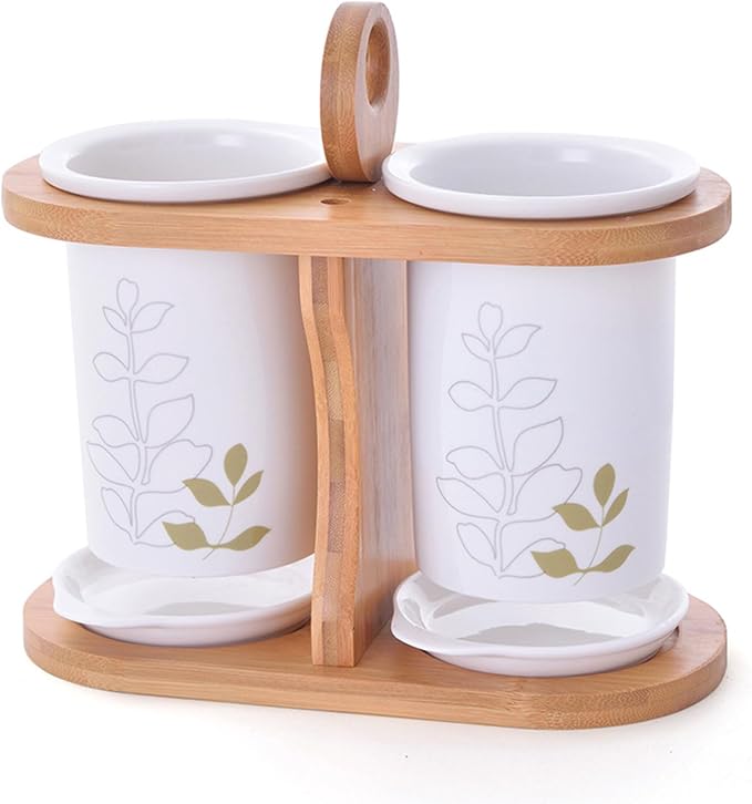 Dxcaicc Kitchen Utensil Holder for Countertop, Ceramic Silverware Caddy with Wooden Rack,Rustic Flatware Holder with Drain Tray,for Spoon, Fork, and Knife