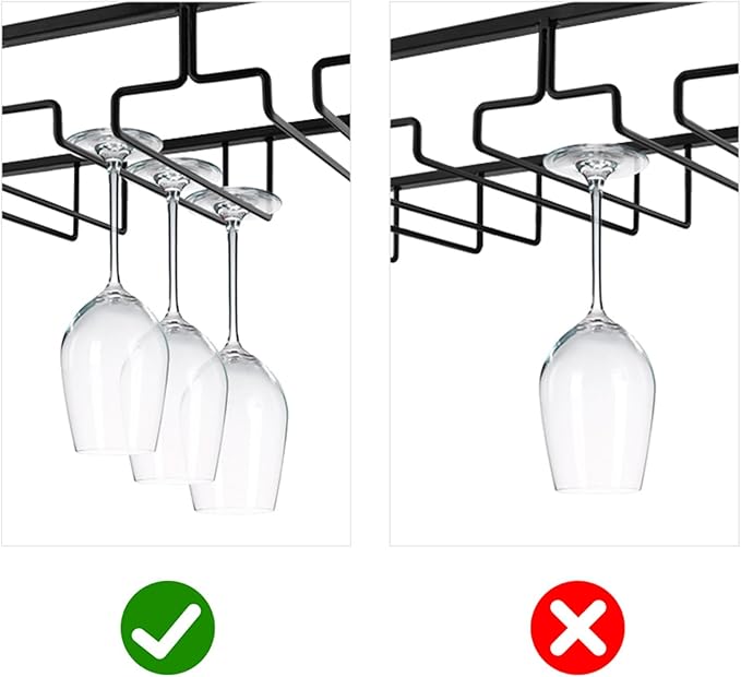 MOCOUM Wine Glasses Rack Under Cabinet Stemware Rack,Wine Glass Hanger Rack Wire Wine Glass Holder Storage Hanger for Cabinet Kitchen Bar (Black, 6 Rows 1 Pack)
