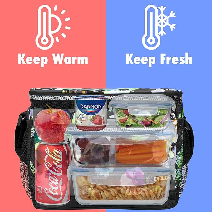 opux Insulated Lunch Box Men Women, Lunch Bag for Work School, Leakproof Soft Cooler Tote Adult, Large Lunch Pail Kids Boys Girls, Picnic Beach Food Bag with Shoulder Strap, Grey Floral