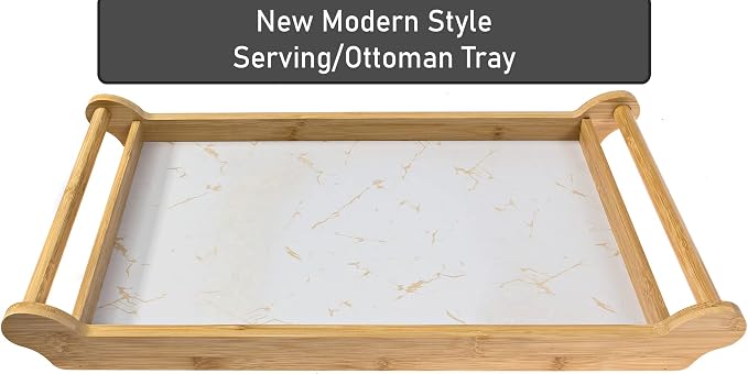 Large Serving Tray - Bamboo Wood Rectangle W/Round Handles - Great Coffee Table or Ottoman Platter Decorative Trays - Breakfast, Dinner, Eating Food in Bed, or Tea Tray W/Raised Edge 18x12 White