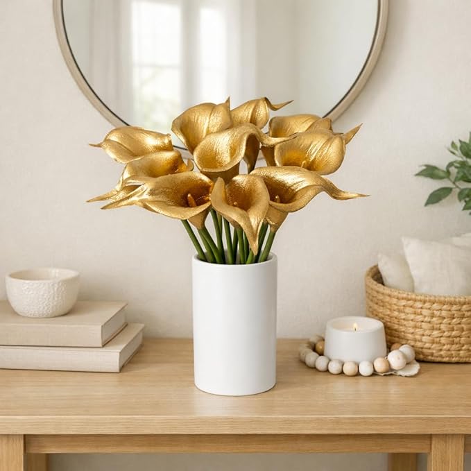 Floral Kingdom Artificial Calla Lily Flowers 10 Pack 14 Inch Gold – Real Touch Faux Flowers for Modern Home Decor, Table & Entryway Centerpieces, Wedding Decorations