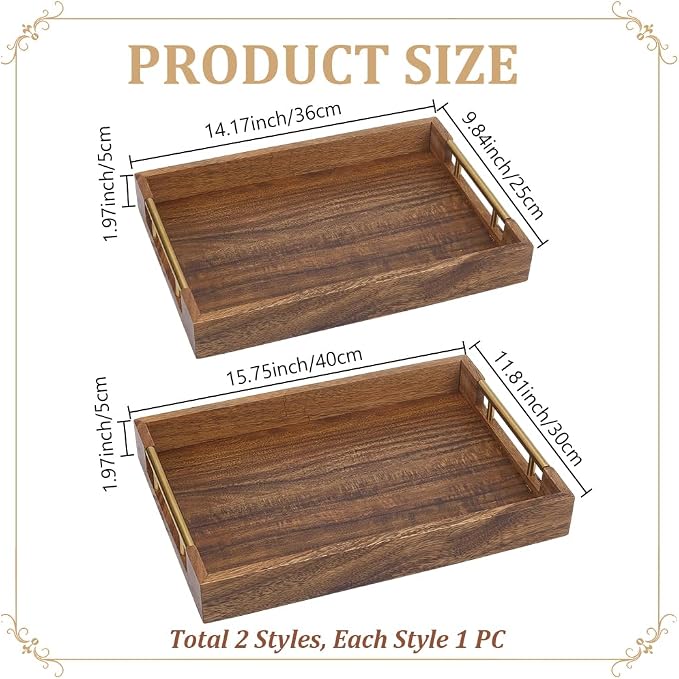 2pcs Wooden Serving Trays for Party with Metal Handles Rectangle Ottoman & Decorative Tray for Coffee Table Jewelry Tea Food Breakfast Eating Tray for Rustic Home & Kitchen Decor