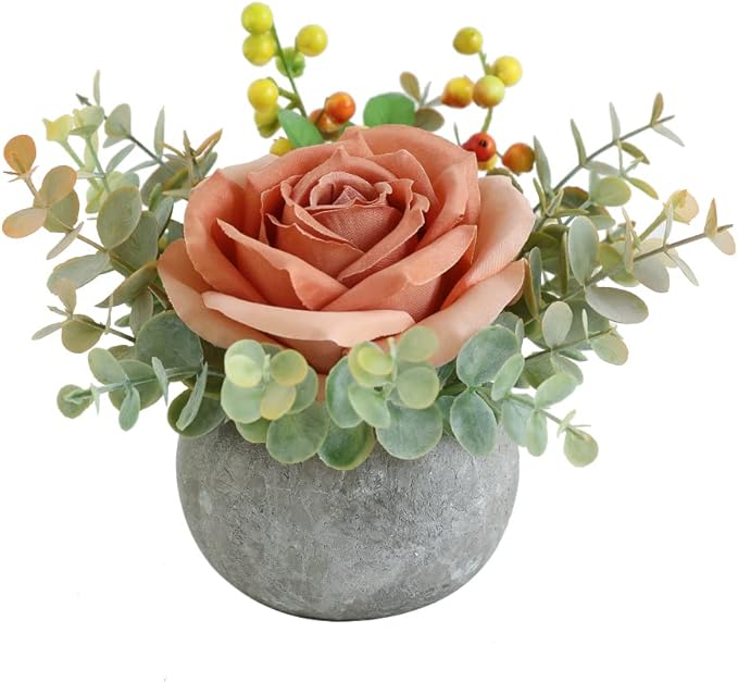 Small Artificial Orange Rose Potted Plant, 6" Fake Silk Flowers in 3.5" Round Pot, Mini Faux Floral Arrangement for Desk Shelf Bathroom Decor