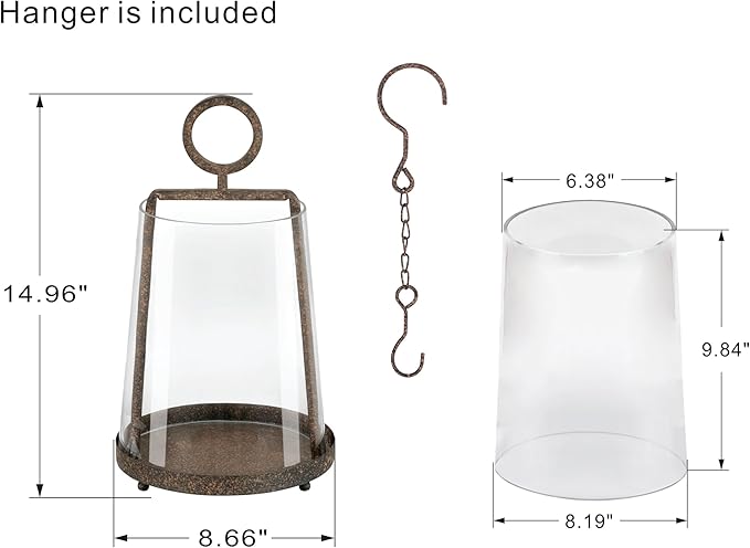 9" Modern Farmhouse Metal Hurricane Candle Holder with Handmade Sturdy Glass Sleeve in Rustic Brown for Pillar Candle & Plants, Glass Hurricane Lantern, Industrial, Minimalistic