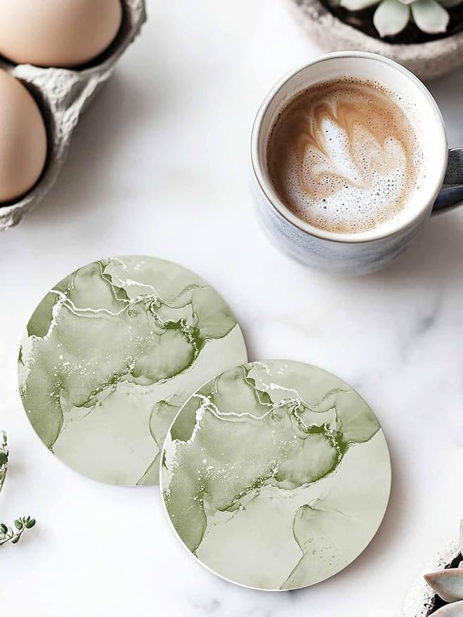 Coasters Set of 4 Sage Green Marble Drink Coasters with Holder Absorbent Stone Ceramic Cup Mat Abstract Waves Cloud Coaster for Drinks Coffee Bar Office Kitchen Cafe Home Table Decor