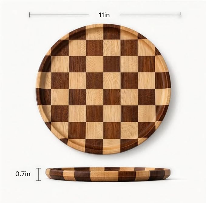 11 Inch Checkered Tray Round Wooden Trays for Decor, Acacia Wood Decorative Plate for Coffee Table, Kitchen Counter, Bathroom Vanity, Candle Holder & Table Centerpiece