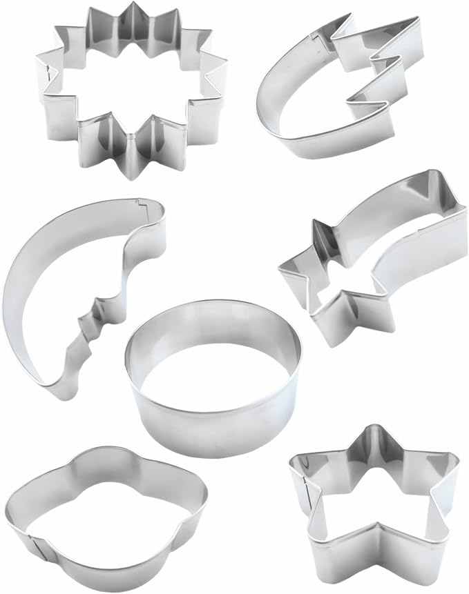 Planet Series Cookie Cutter Set of 7 pcs, Stainless Steel Universe Outer Space Fondant Cutters Set for Holiday Baking Clay DIY Molds