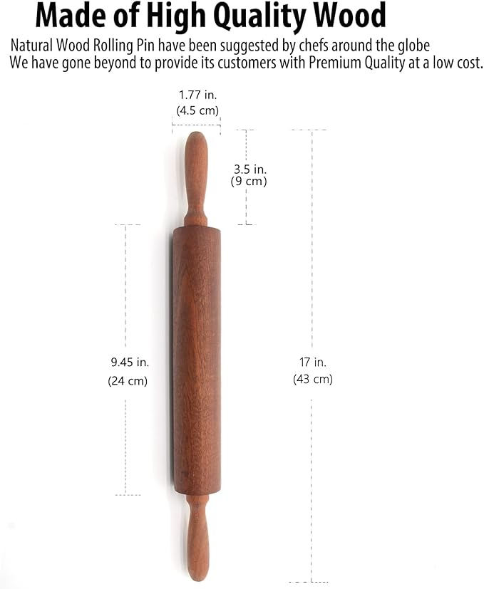 Classic Sapele Wooden Rolling Pin With Handles,Wood Baking Roller for Pizza, Pie, Bread, Pastry & Cookie Dough （17''L x 1.77"W)