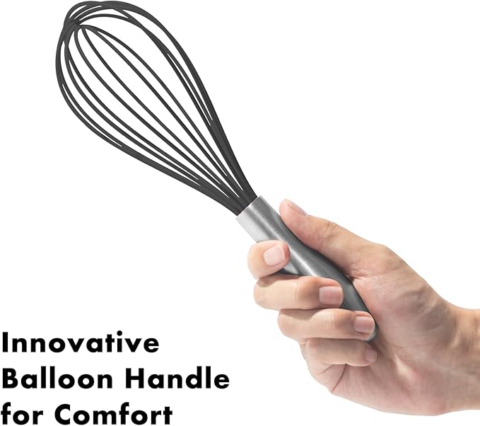 OYV 10-Inch Black Silicone Whisk, Heat Resistant 480°F Kitchen Whisk with Stainless Steel Ergonomic Handle, Non-Scratch for Nonstick Cookware, Dishwasher Safe, Perfect for Blending, Cooking & Beating