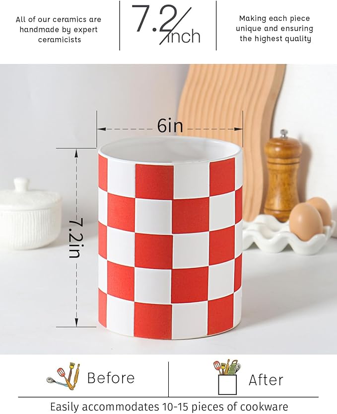 Utensil Holder, 7.2 Inch Checkered Utensil Holder, Ceramic Cooking Utensil Spoon/Spatula Holder for Countertop, Kitchen Decor and Accessories for counte(Red)