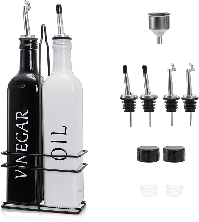 Tebery 2 Pack Oil and Vinegar Dispenser Set with Caddy Holder, 17oz Black & White Olive Oil Dispenser Bottle, Cute Modern Vintage Glass Cruet for Kitchen