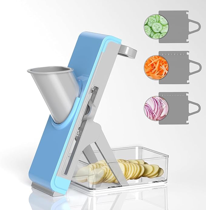 Eletronova Safe Mandoline Slicer for Kitchen, Vegetable Slicer with Container, French Fry Cutter, All in 1 Julienne Slicer for Potato, Thickness Adjustable, Detachable Blade, Dishwasher Safe（Grey-2）