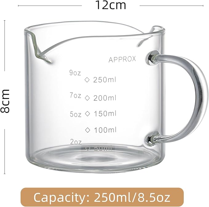 Espresso Cup Measuring Cup Triple Pitcher Milk Cup 250ML/8.5OZ Espresso Cups with Handle Shot Glass with V-Shaped Mouth Milk Frothing Pitcher (Double mouth)