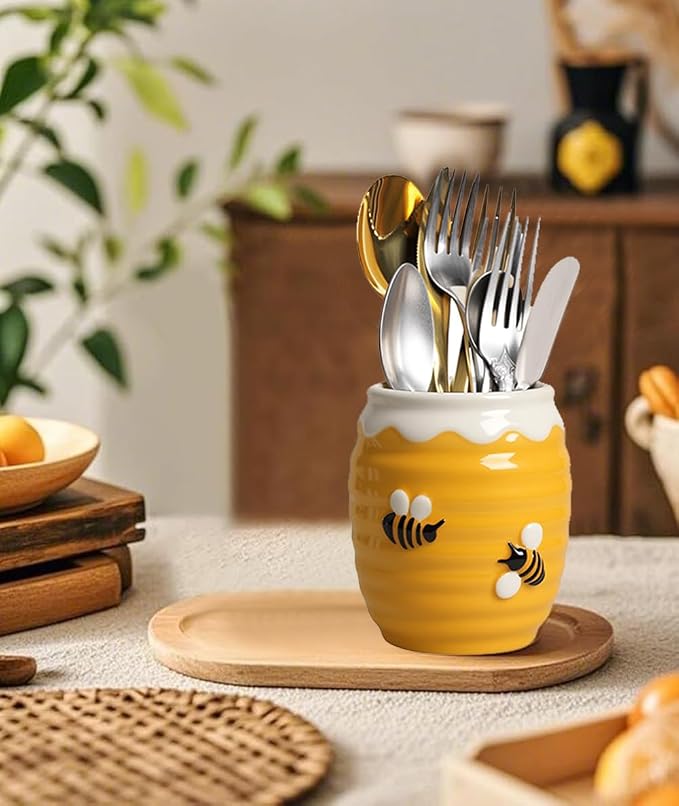 Utensil Holder, Honey Pot Caddy Cutlery Holder Silverware, Ceramic Utensils Organizer Elegant , Spoon Holder for Kitchen Table
