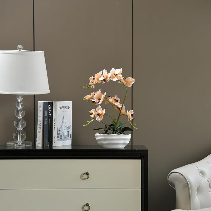 19" H Phalaenopsis Faux Orchid Plant Silk Orchid Centerpiece Artificial Floral Arrangement in Ceramic Pot (Champagne)