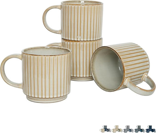 Bosmarlin Stackable Ceramic Coffee Mug Set of 4, 16 Oz, Coffee Cups, Microwave Safe, Unique Reactive Glaze (Beige, 16 Oz)