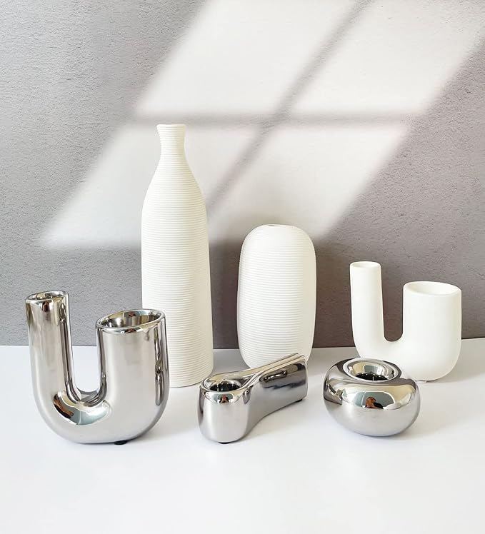 Silver Candlestick Holders, Decorative Taper Candle Holder Set Decor for Table Centerpiece Fireplace, Modern Silver Candle Holders Set, Aesthetic Ceramic Candle Stick Holder