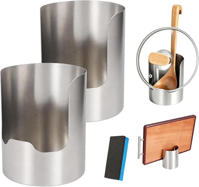 Multi-functional Kitchen Utensil Holder, Heavy Duty Stainless Steel Countertop Organizer for Pot Lids, Spatulas, Ladles and Cutting Boards, Vertical Spoon Rest Rack with Lid Storage (2Pcs)