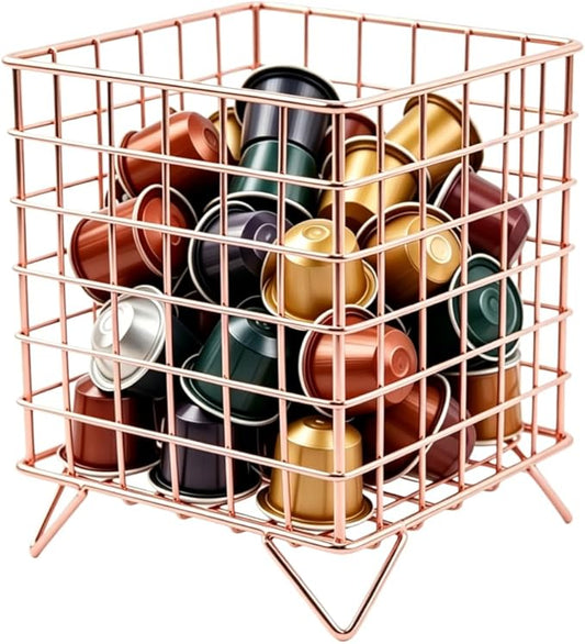 Coffee Pod Holder Metal K Cup Rack Large Capacity Wire Storage Container Square Basket Organizers for Espresso, Tea, Snacks, Small Fruit, Rose Gold, 5.3*5.3*6.3in