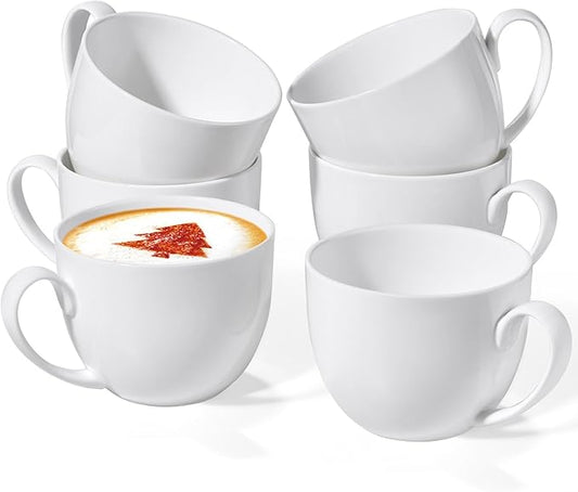 Chulan Extra Large White Bone China Cereal Mugs, 22 oz Ceramic Coffee Mug Set of 6, Latte Mugs Mocha Tea Cup, Jumbo Porcelain Soup Mugs with Big Handle for Desserts Snack, Microwave ＆ Dishwasher Safe