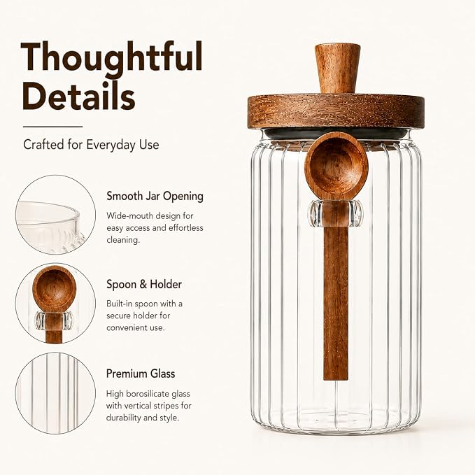 ANSQU Glass Jar with Wooden Lid & Spoon, Food Storage Containers Coffee Jar Coffee Grounds Container, Food Storage Canister (34oz-2pack-stripe)