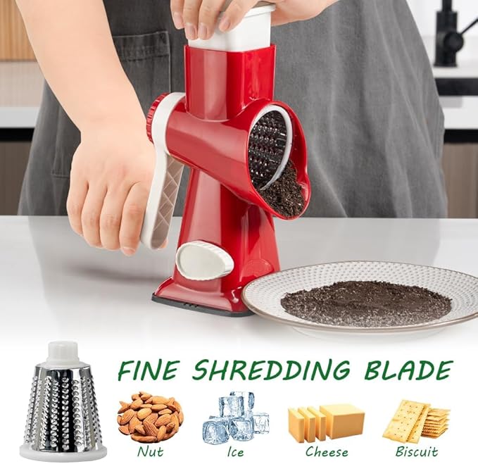 3 in 1 Manual Vegetable Cutter Machine with Stainless Steel Changeable Blades Rotary Cheese Grater Kitchen Tool Potato Slicer Shredder Nuts Chocolate Chopper (Red white)