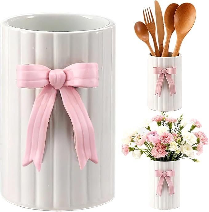 Handmade Pink Bow Ceramic Utensil Holder, 3D Coquette Cooking Utensil Crock with Scalloped Edge, Stable & Easy to Clean Kitchen Storage Caddy Organizer Vase Decor for Countertop Housewarming Gift