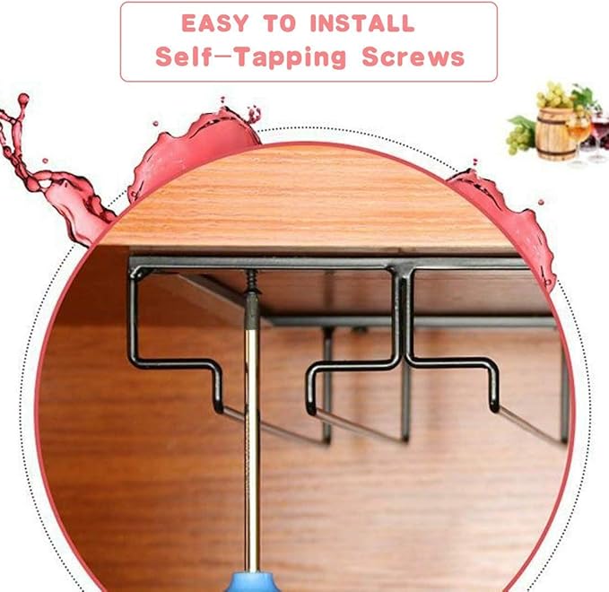 FOMANSH Wine Glass Rack Under Cabinet - Stemware Holder Metal Wine Glass Organizer Glasses Storage Hanger for Bar Kitchen Black 4 Rows