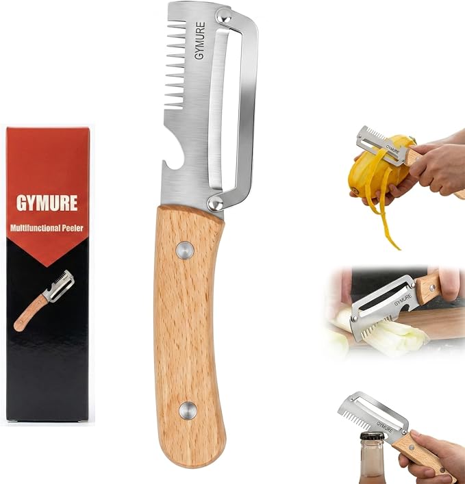 3 in 1 Multifunctional Vegetable Peeler with Wooden Handle and Bottle Opener, Stainless Steel Peelers for Kitchen, Multi Functional Vegetable Peeler for Fruit Potato Carrot Pumpkin Zucchini (1 PACK)