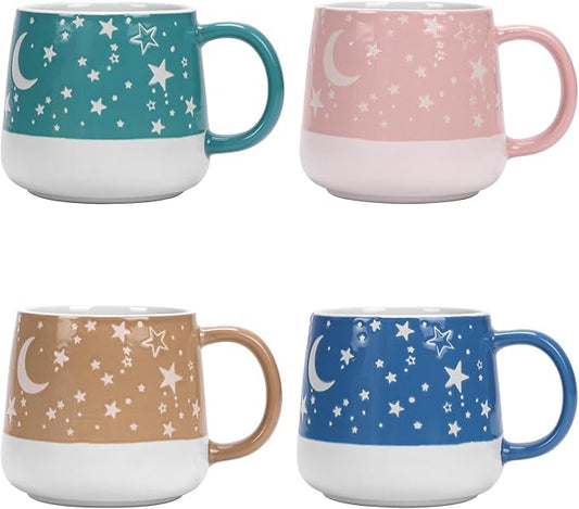 Schliersee Moon and Star Coffee Mugs Set of 4, 16 OZ Porcelain Mug, Cute Tea Cup, for Latte, Tea, Cappuccino, Mocha, Cocoa, Espresso Cup Mug Present, Microwave Safe and Dishwasher Safe