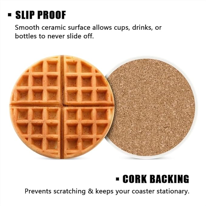 Ceramic Stone Coasters for Drinks Set of 1, Squares Araffe Waffles Round Absorbent Cup Coasters Protection for Coffee Table Kitchen Counter Decor (4 * 4 Inch)