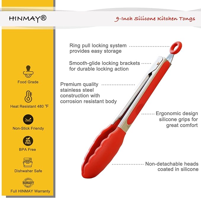 HINMAY Silicone Cooking Tongs 9-Inch Serving Tongs, Set of 3 (Red)