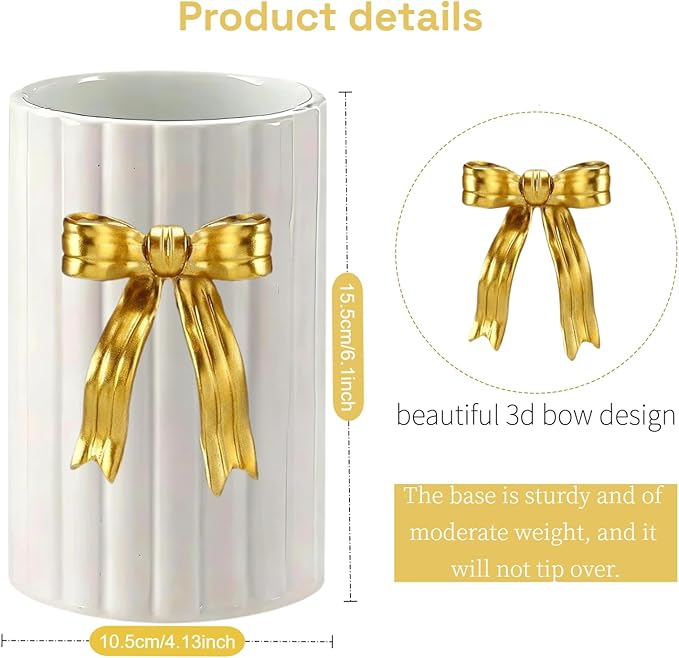 Handmade Ceramic Utensil Holder, Gold Bow 3D Coquette Cooking Utensil Crock with Scalloped Edge, Kitchen Vintage Retro Storage Caddy Organizer, Vase Decor Graduation Gift for College Students