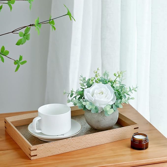 Small Artificial White Rose Potted Plant, 6" Fake Silk Flowers in 3.5" Round Pot, Mini Faux Floral Arrangement for Desk Shelf Bathroom Decor
