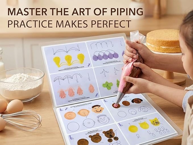 Cake Practice Decorating Board Set with Protector Reusable Wipeable, MDTARVF 23 Sheets Icing Piping Nozzles Practice Drawings Cake Decorating Kit Supplies