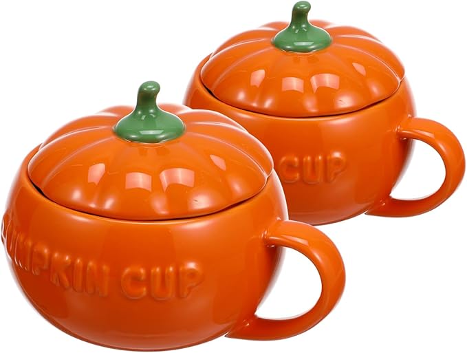 DOITOOL Halloween Pumpkin Mugs Set of 2 Ceramic Coffee Cups with Handle 5.31 Inch Pumpkin Shape Mugs for Coffee Milk and Hot Drinks