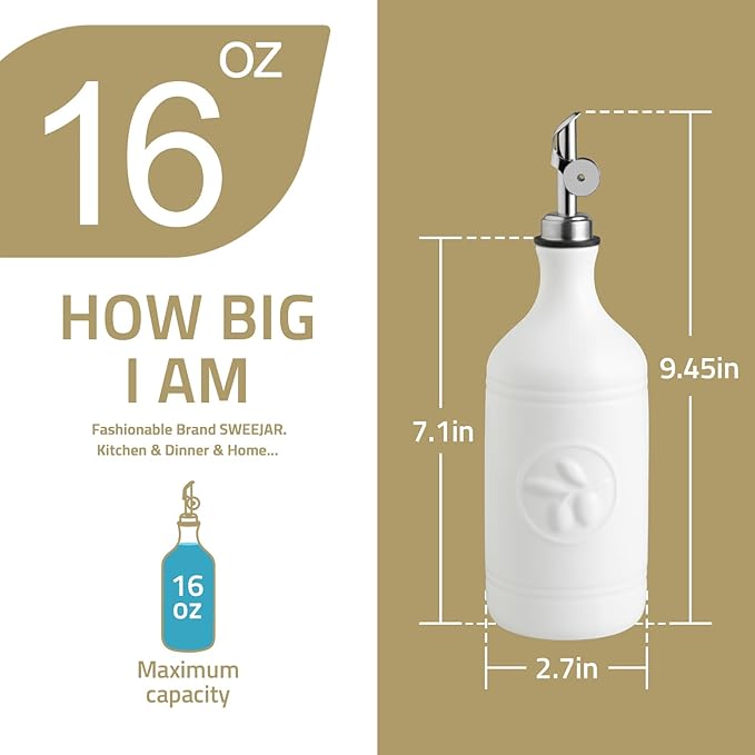 Sweejar 16 Oz Ceramic Olive Oil Dispenser Bottle, Oil Dispenser for Kitchen with Gravity Spout, Relief Opaque Oil Container for Evoo, Avocado Oil, Vinegar, Soy Sauce, 1 Pack(Beige, Silver Spout)