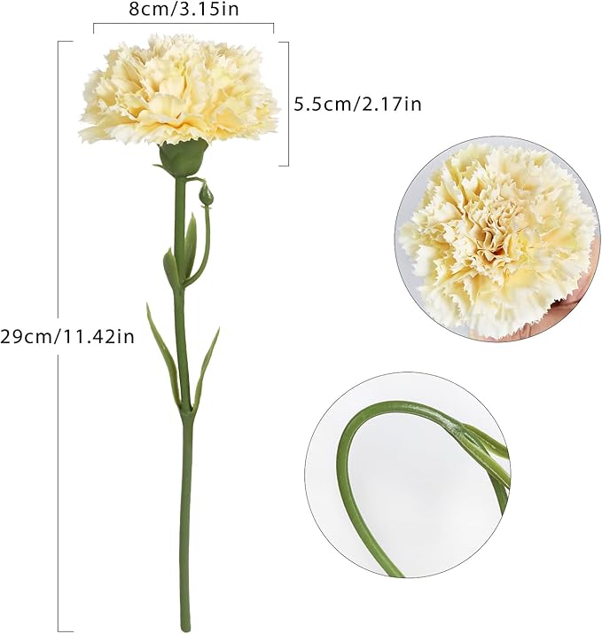 Artificial Carnation Flowers - 15pcs Fake Yellow Silk Flowers with Stems for Home Decor, Wedding, Bridal Bouquet, Anniversary, Birthday Floral Arrangements