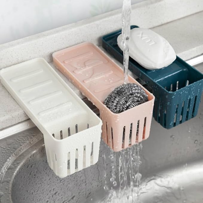 3pcs Kitchen Soap Rack Suction Cup Design and Lengthened Beveled Edges, Blue Pp Material Sponge Draining Organizer Shelves over Sink Storage and Rice Spoon Holder Random Color