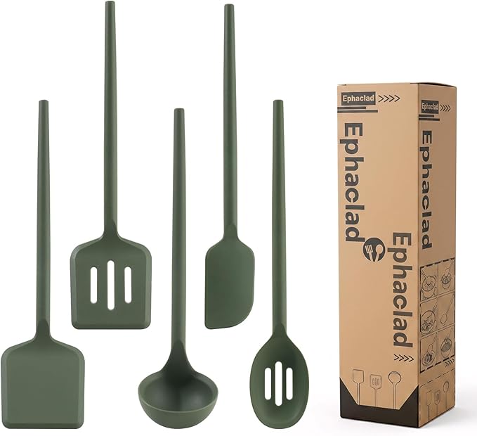 Silicone Kitchen Cooking Utensils Set – 5Pcs Extra Long & Thick Heat Resistant Kitchen Gadgets, BPA Free Non-Stick Cook Tools for Food Prep, Frying, Serving and Basting