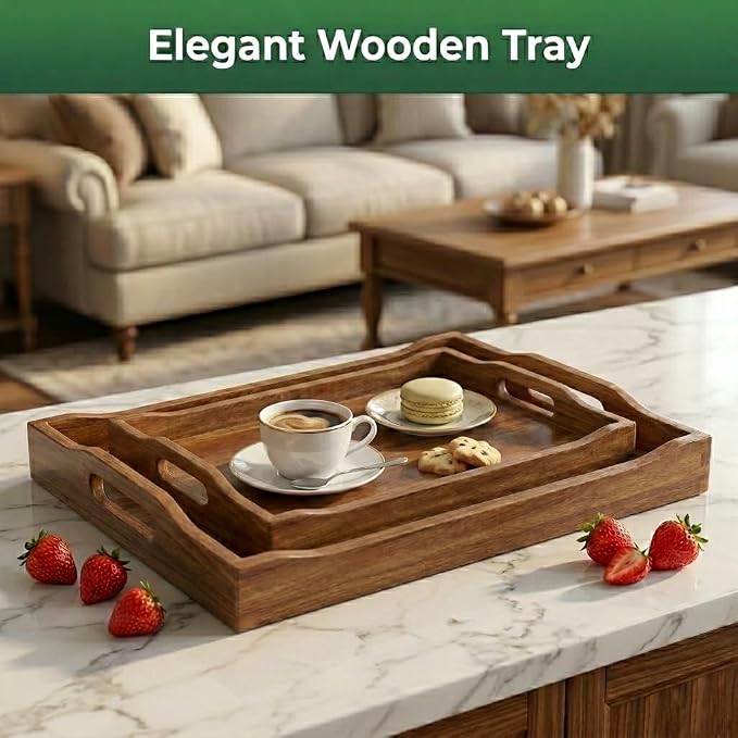 2 Pack Acacia Wood Serving Trays - Rectangular Food-Grade Wooden Trays for Kitchen, Dining, Party, Breakfast, Snack & Decor