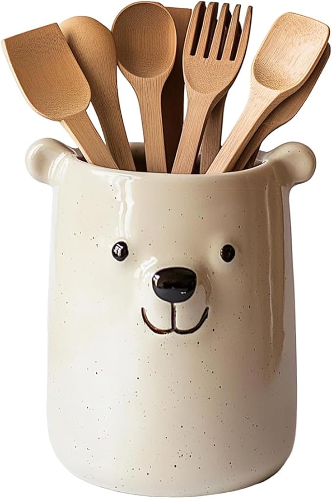 Ceramic Cartoon Animal Pattern Kitchen Utensil Holder, Large Cooking Utensil Crocks for Kitchen Countertop, Cartoon Style Utensil Organizer for Spatula, Kitchen, Home Decoration-Bear