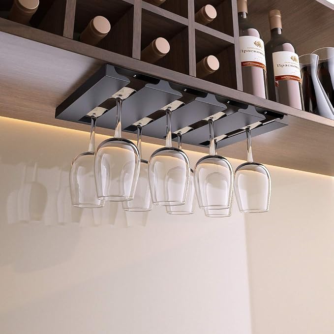 Wine Glass Holder Under Shelf or Cabinet, Stainless Steel 16.5 Inch Stemware Rack, Glassware Drying Hanger, Metal Hanging Organizer for Bar Restaurant, Matte Black, 4 Row